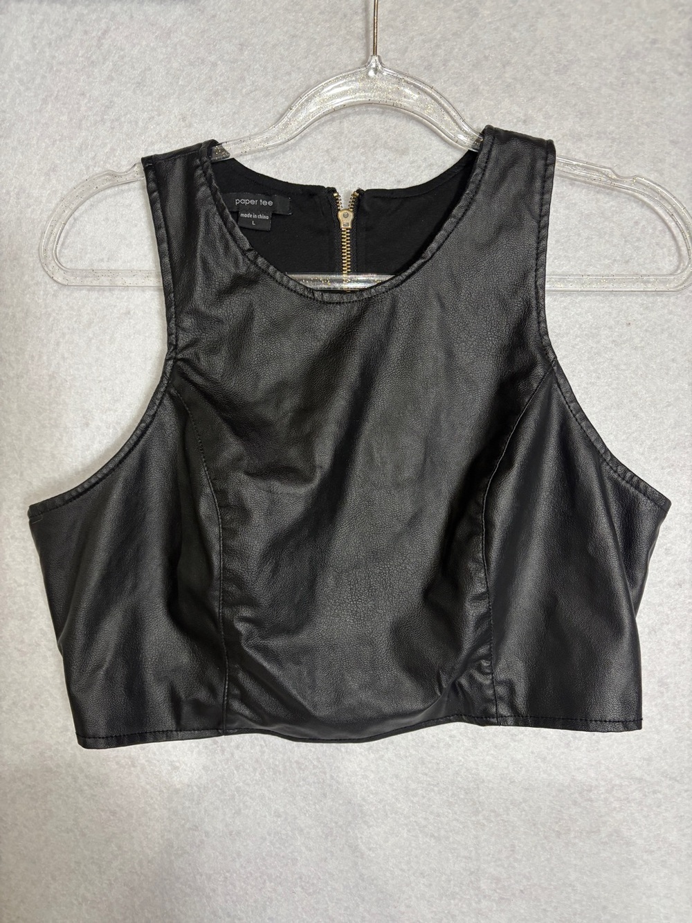 paper tee Black Faux Leather Crop Top with Back Zip